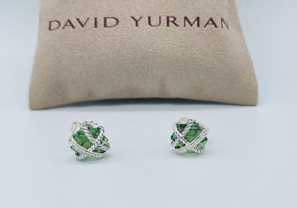 David Yurman Sterling Silver 10mm Prasiolite Diamond Cable Wrap Stud Earrings